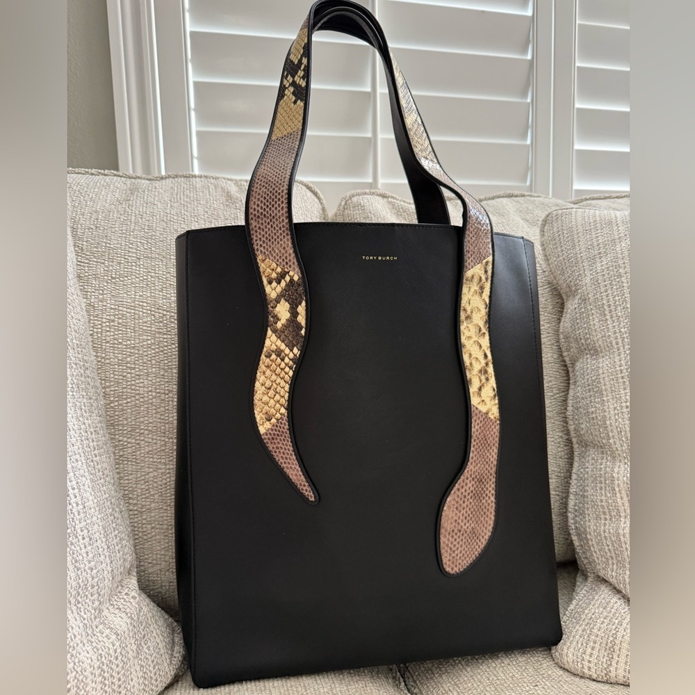 Tory Burch Black and Snake Print Tote - Picture 3 of 10